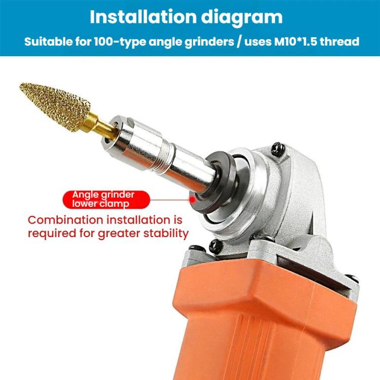 Angle grinder fitted with threaded conversion adapter and gold grinding cone tool