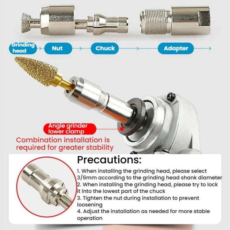 Installation view showing adapter components: nut, chuck, and grinding head setup