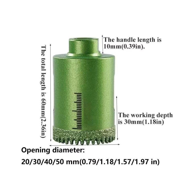 Green tile hole saw bit with serrated diamond rim and visible depth markings
