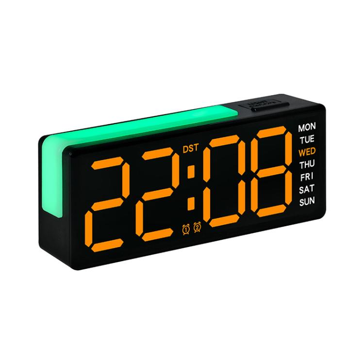 Digital alarm clock with RGB L-shaped night light, orange time digits and weekday panel.
