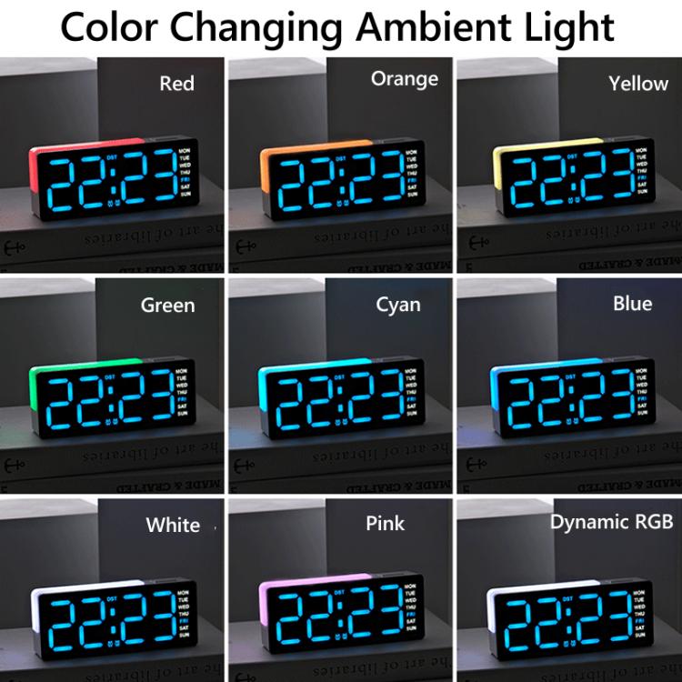 Digital alarm clock with RGB ambient light, showing multiple colors from red to pink.