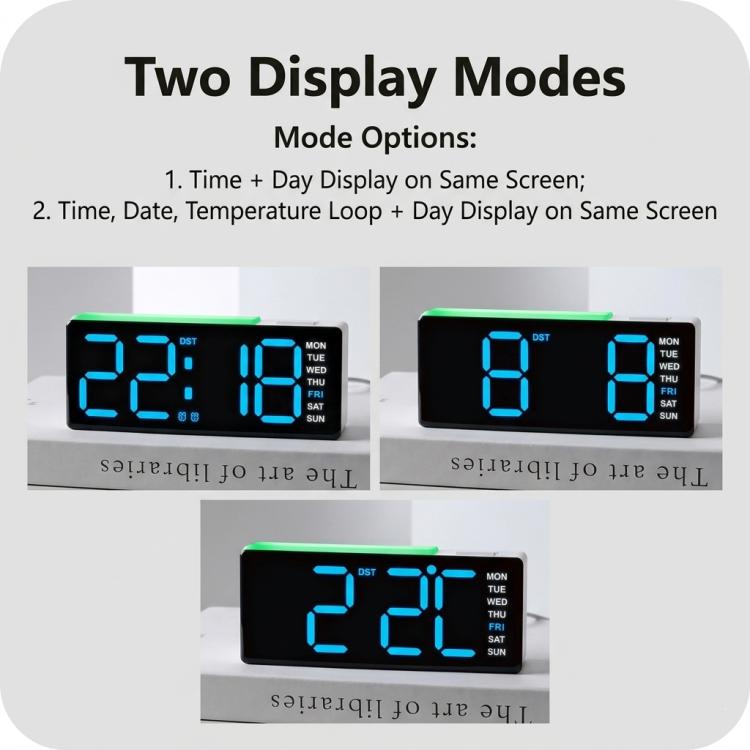 Digital alarm clock showing two display modes: time only and time with date/temperature.