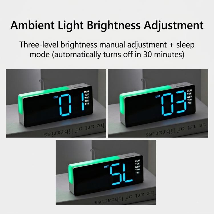 Digital alarm clock with RGB night light, three brightness levels shown on the display.