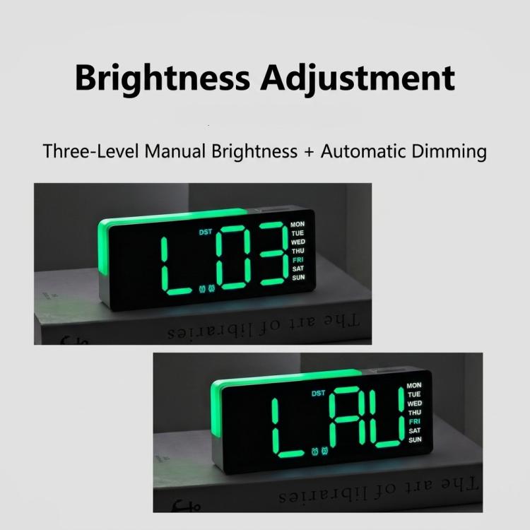 Black digital alarm clock display with bright green digits and brightness glow