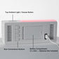 Grey alarm clock rear panel with buttons, battery compartment, and power cable port
