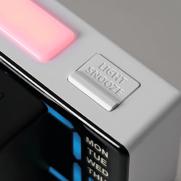 Grey digital clock with LIGHT SNOOZE button and glowing blue digits