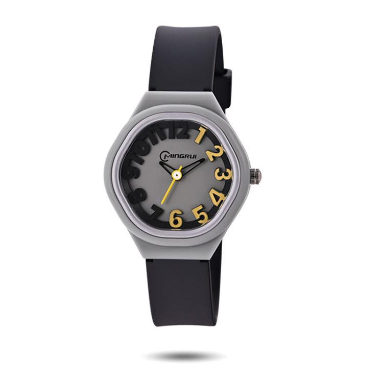 Kids analog watch with gray dial and black silicone strap, gold-tone hands