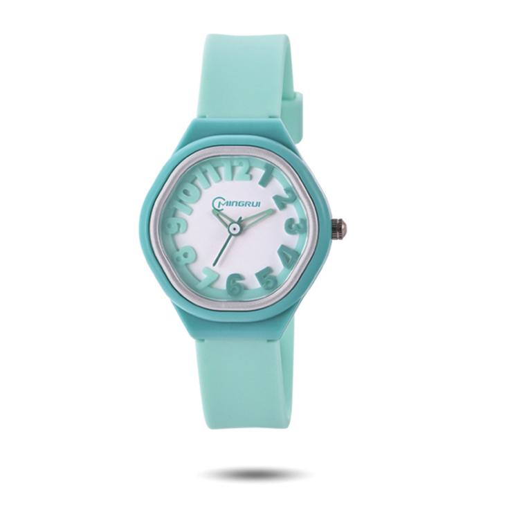 Kids analog watch with teal dial and light teal silicone strap, colored numeral markers