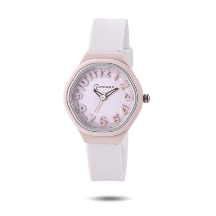 Kids analog watch with pale pink dial and white silicone strap, round silver case