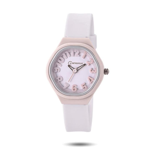 Kids analog watch with pale pink dial and white silicone strap, round silver case