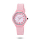 Kids analog watch with pink dial and pink silicone strap, round silver-tone bezel