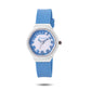 Kids analog watch with blue dial and blue silicone strap, white case and markers