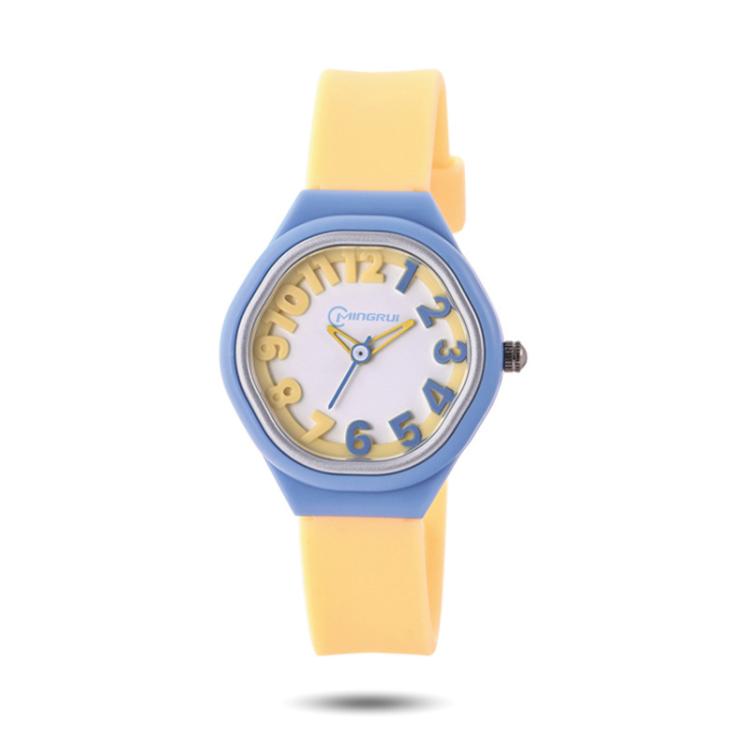 Kids analog watch with white dial and blue/yellow silicone strap, colored numeral markers