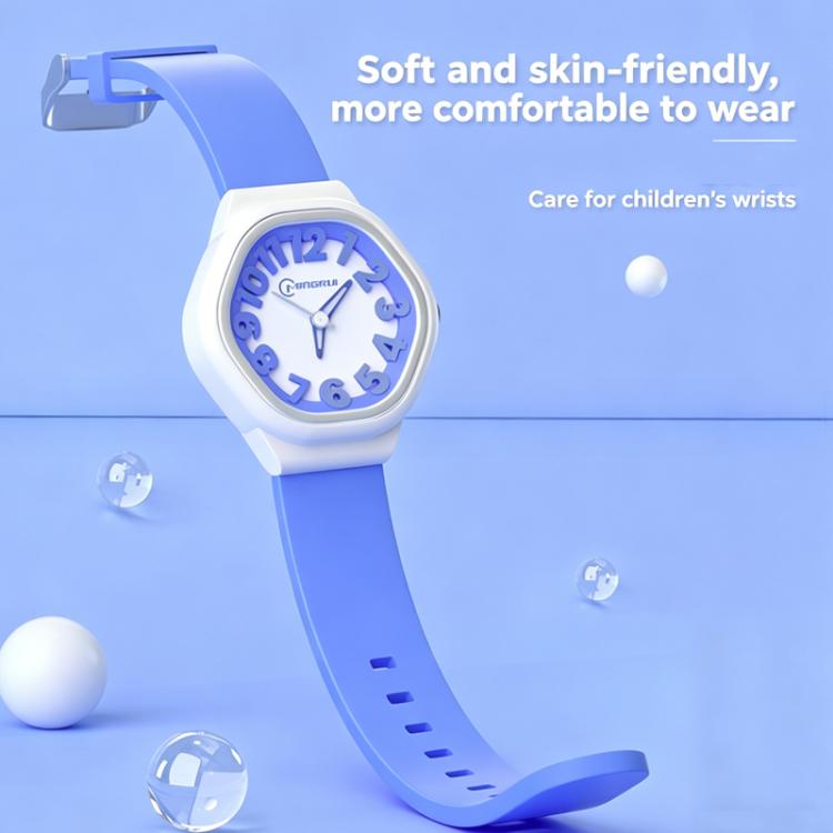 Kids analog watch with blue silicone strap and white bezel, on wrist