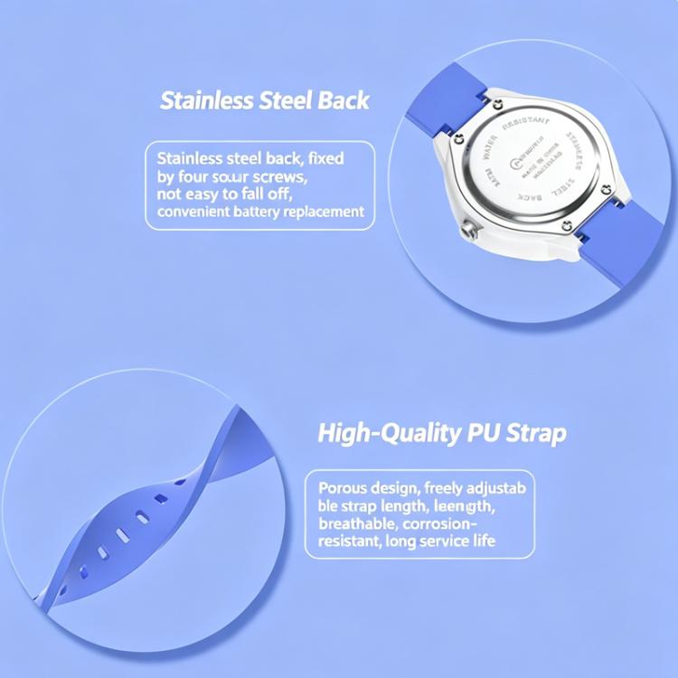 Kids analog watch, stainless steel back and blue PU silicone strap details