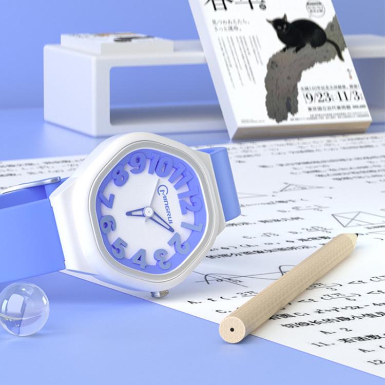 Kids analog watch with blue strap, white case, round blue dial