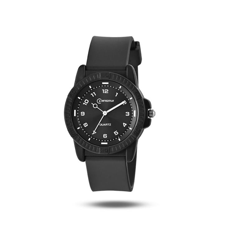 Black quartz analog wrist watch with silicone strap and round dial