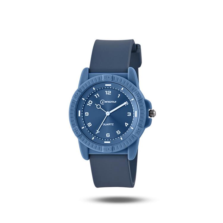 Blue quartz analog wrist watch with silicone strap and round dial