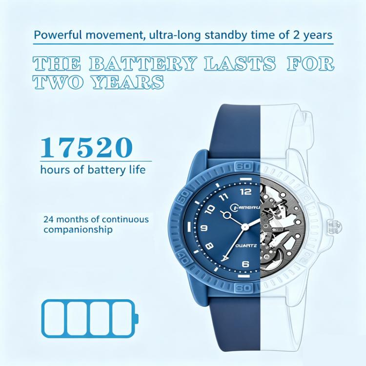 Blue quartz analog wrist watch with silicone strap, visible inner mechanism