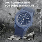 Blue quartz analog wrist watch with silicone strap, round dial and hour markers