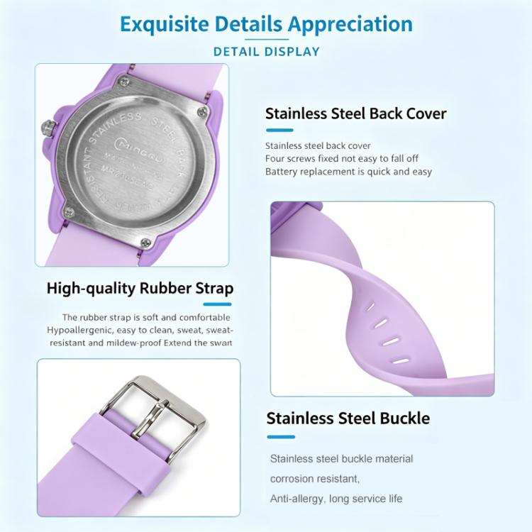 Purple quartz analog wrist watch with silicone strap and metal buckle
