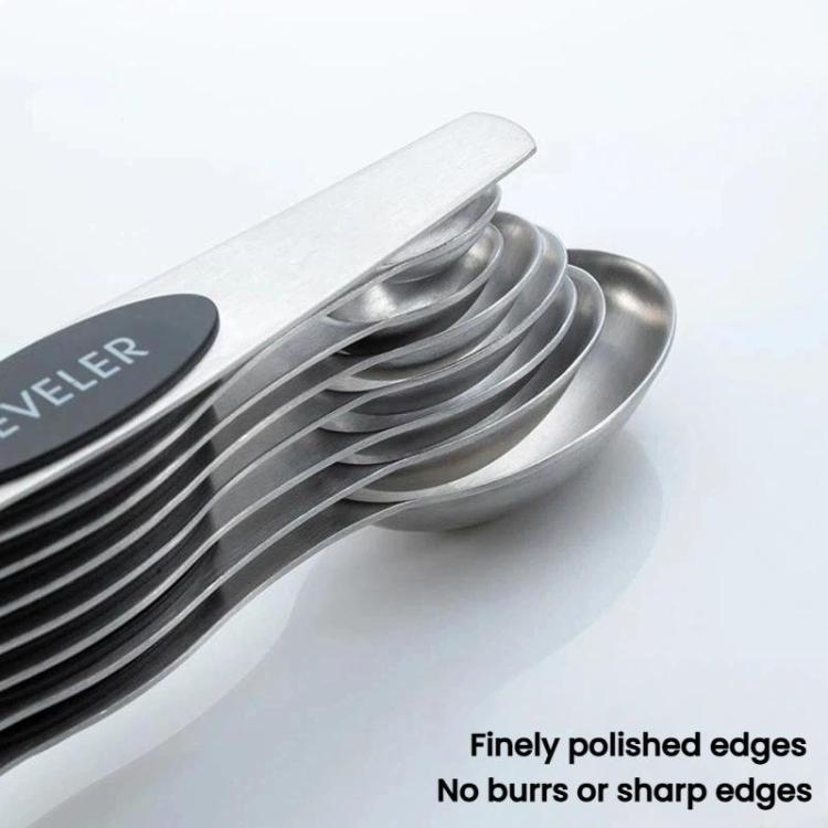 Stainless steel double-ended measuring spoons with polished edges and size markings