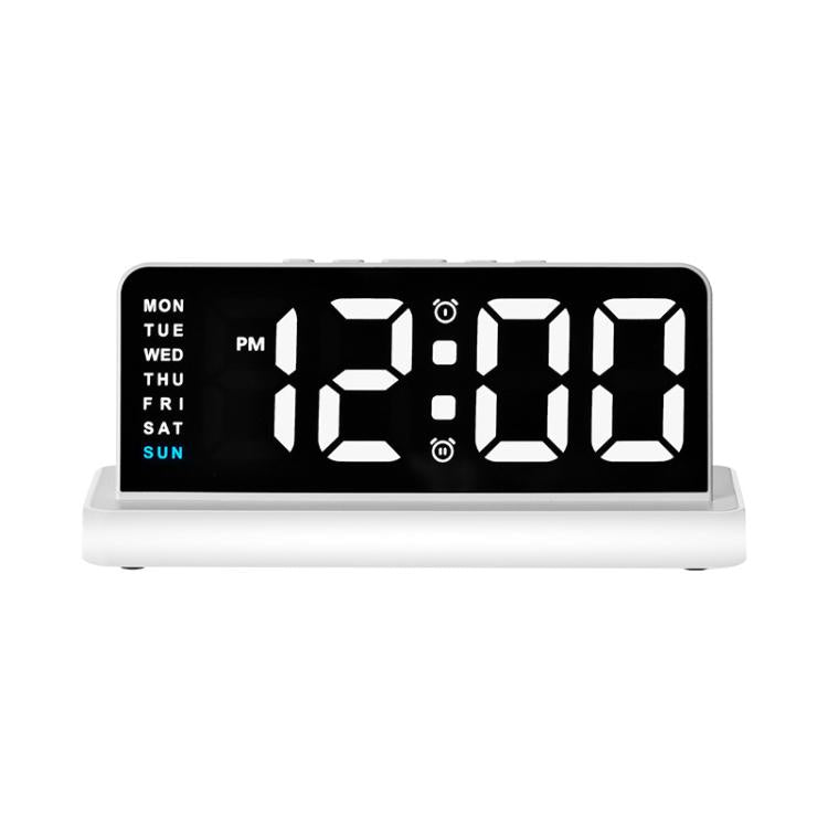 LED mirror desktop alarm clock with large white digits, black face, white base stand