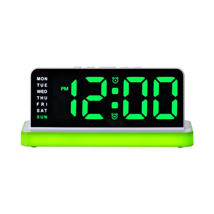 LED mirror desktop alarm clock with large green digits, black face, white base and green light