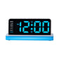 LED mirror desktop alarm clock with large blue digits, black face, blue base stand light