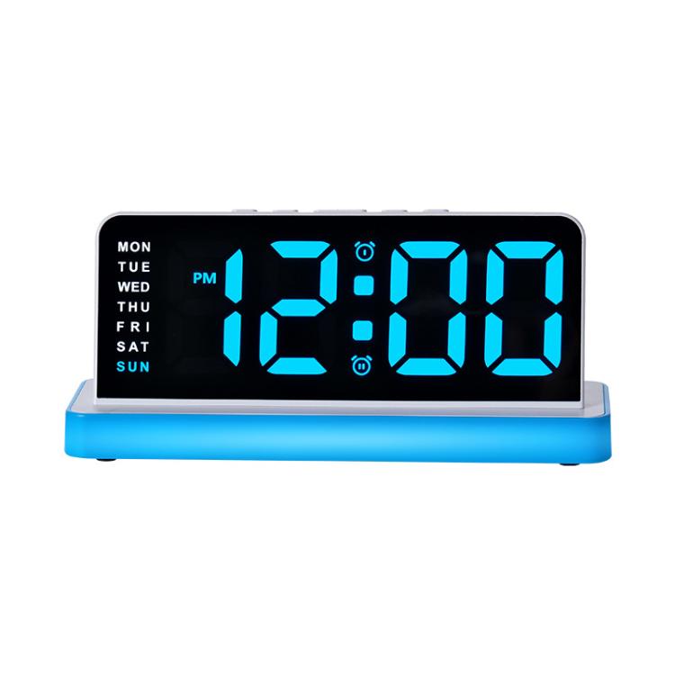 LED mirror desktop alarm clock with large blue digits, black face, blue base stand light