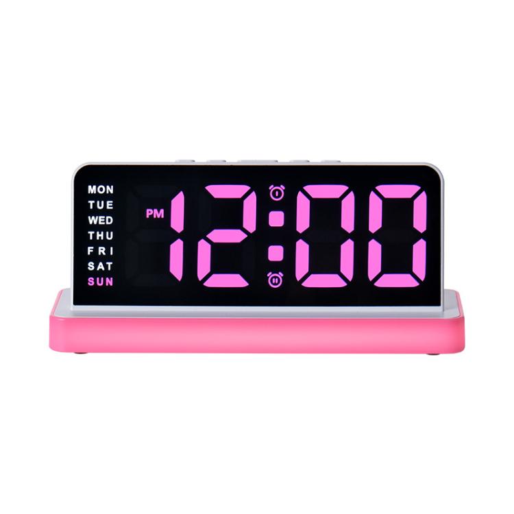 LED mirror desktop alarm clock with large pink digits, black face, pink base stand light