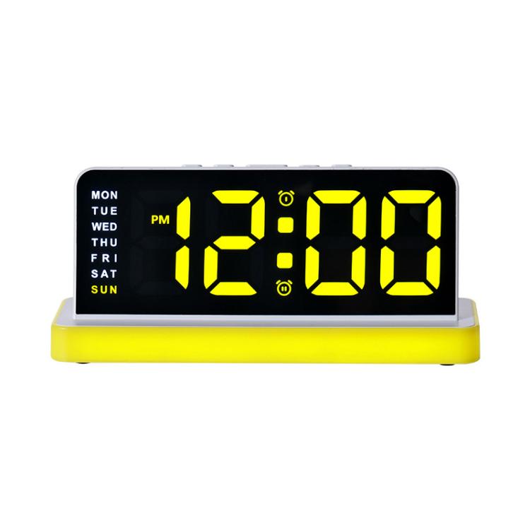 LED mirror desktop alarm clock with large yellow digits, black face, yellow base stand light