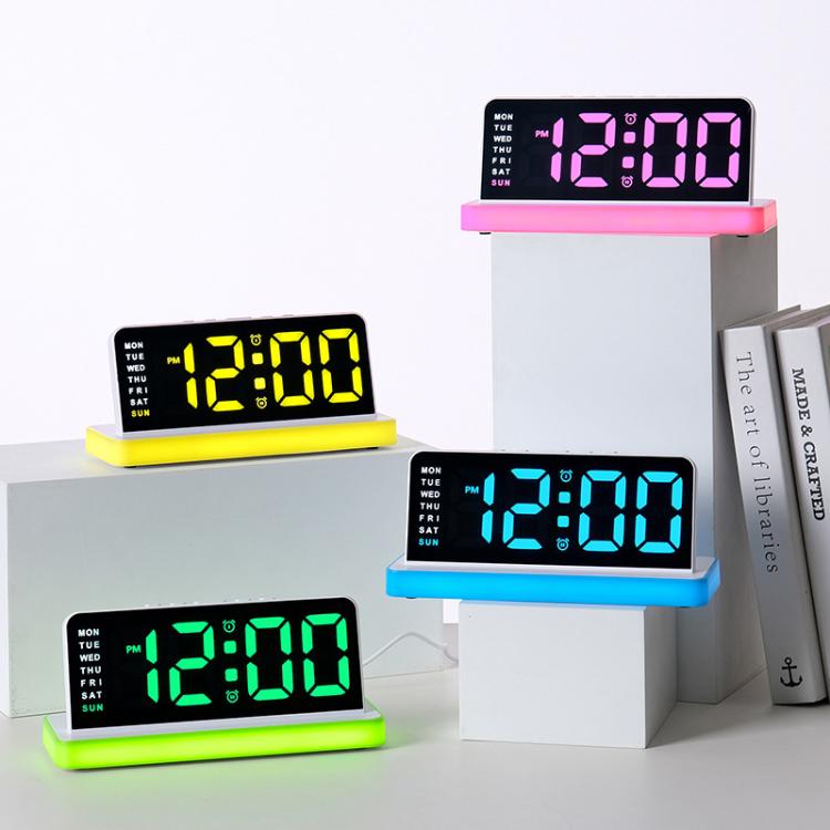 LED mirror desktop alarm clock display with pink, yellow, green, and blue glowing screens