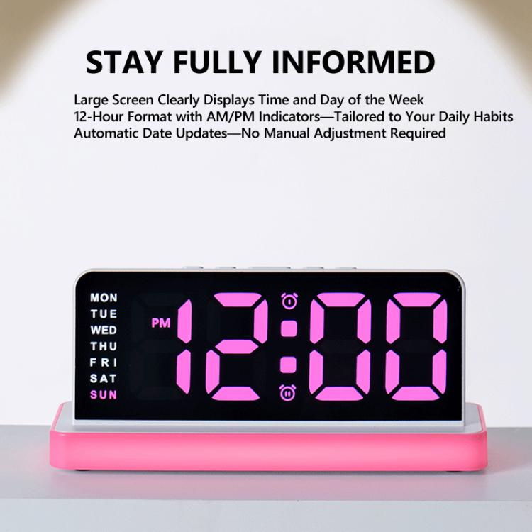 LED mirror desktop alarm clock with large pink digits, black face, pink base stand