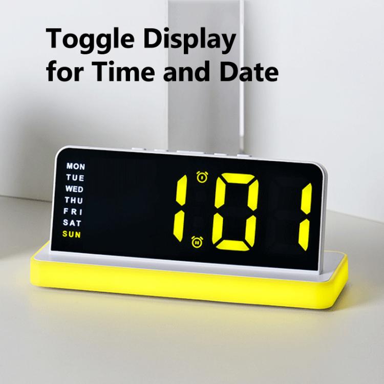 LED mirror desktop alarm clock with yellow digits, black face, yellow base stand