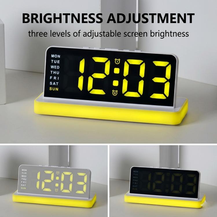 LED mirror desktop alarm clock with yellow digits, black face, bright yellow base stand