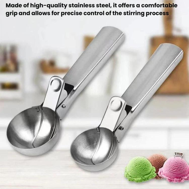 Stainless steel ice cream and fruit ball scoop with comfort handle, two views