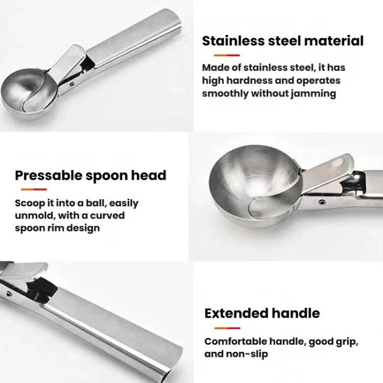 Stainless steel scoop head and extended handle for ice cream and fruit balls