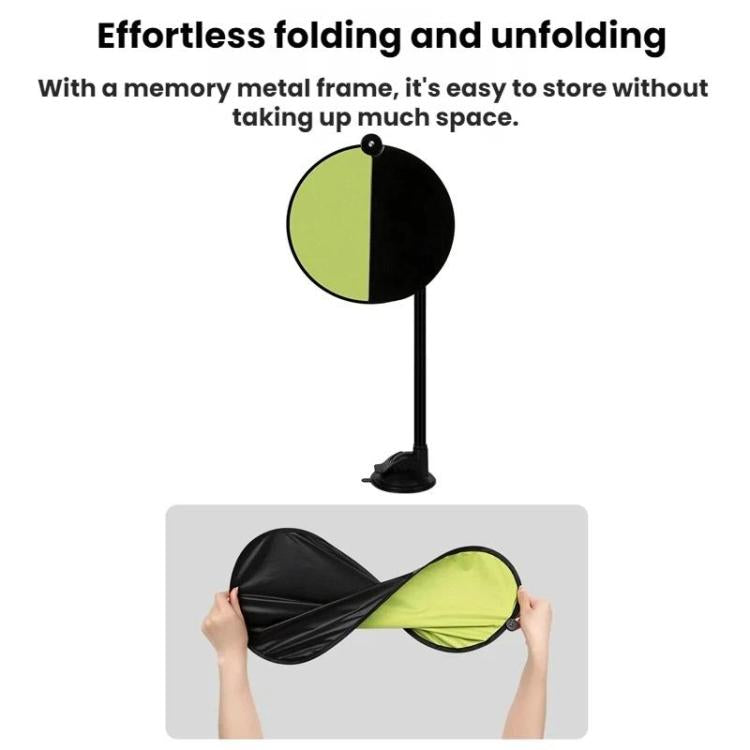 Folded car sunshade with suction cup base for compact storage and travel
