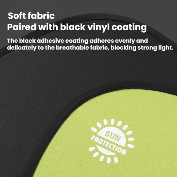 Lime green sunshade panel with black vinyl coating and sun protection emblem