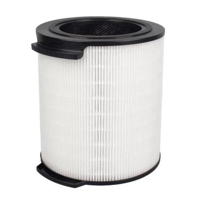 Air purifier filter cartridge with white pleated media and black top cap