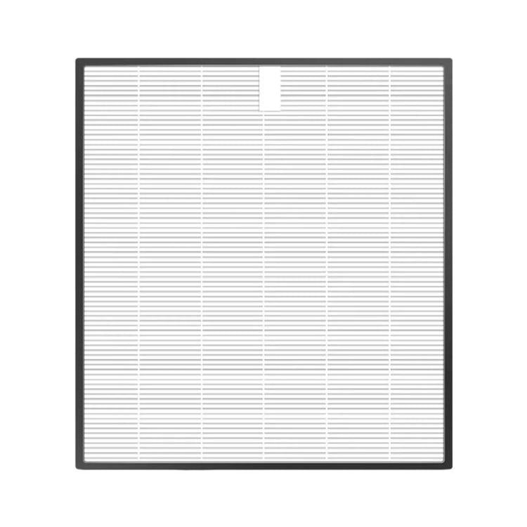 Air purifier filter with white pleated media and dark frame, square shape