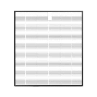 Air purifier filter with white pleated media and dark frame, square shape