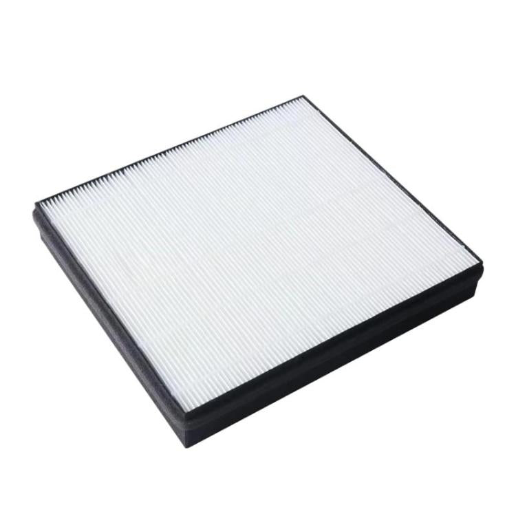 Square air purifier filter, white pleated core with dark outer frame, angled view