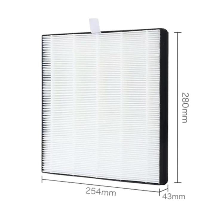 Air purifier filter with white pleated media, dark frame, 254x280x43 mm
