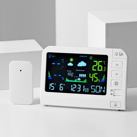Wireless Color Weather Station Atomic Clock With Outdoor Sensor Digital Indoor Outdoor Thermometer Hygrometer, 767 White, 777 White