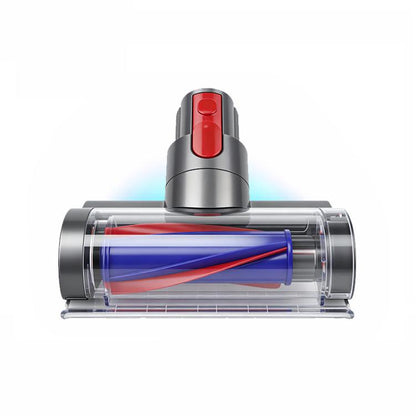 Dust mite removal brush head with built-in light, clear chamber and blue roller