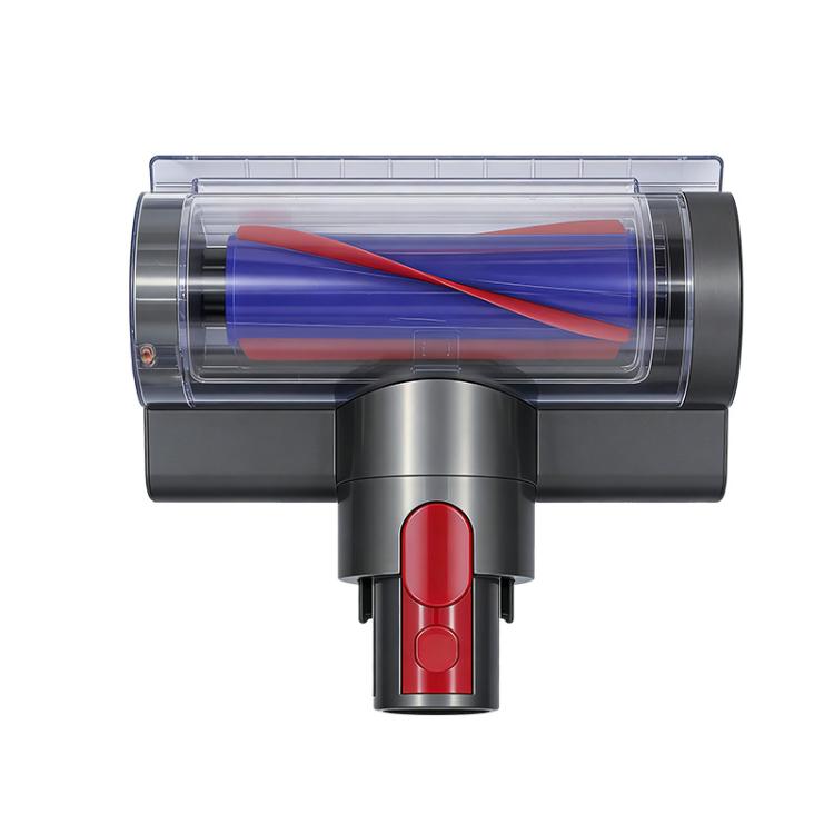 Dust mite brush head with clear drum, red control button, and silver-gray base