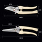 Ivory-handled stainless steel pruning shears with straight and curved blade sizes
