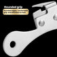 Stainless steel can opener with rounded handle grip and metal blade